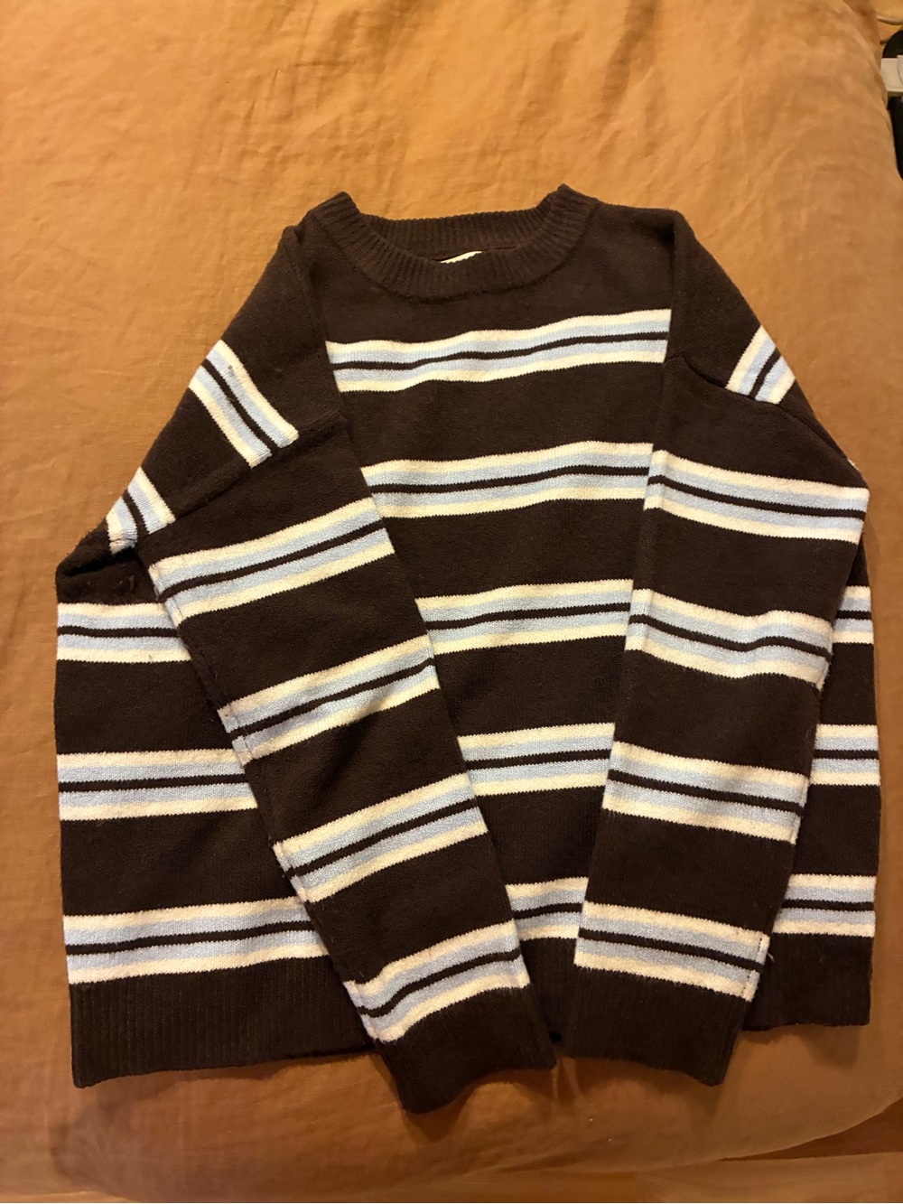 Women’s Brown Striped Crewneck Sweater with White and Light Blue Stripes